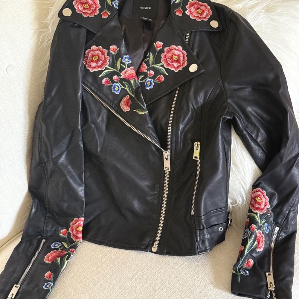 Forever 21 Black and Red Leather Jacket with Floral Embroidery
